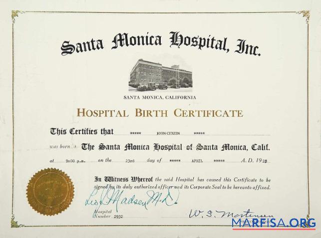 Realistic California Santa Monica hospital birth certificate template